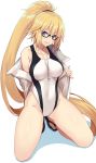  1girl bare_shoulders black-framed_eyewear blonde_hair blue_eyes collarbone covered_navel fate_(series) flip-flops glasses highres jacket jeanne_d&#039;arc_(fate) jeanne_d&#039;arc_(fate)_(all) kneeling long_hair looking_to_the_side one-piece_swimsuit ponytail sandals shadow solo spread_legs sukebewe swimsuit whistle whistle_around_neck white_background 