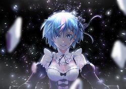  1girl black_background black_bow black_ribbon blue_eyes blue_hair bow breasts choker cleavage cosmicsnic detached_sleeves flower grin hair_between_eyes hair_flower hair_ornament hair_ribbon highres looking_at_viewer medium_breasts neck_ribbon re:zero_kara_hajimeru_isekai_seikatsu rem_(re:zero) ribbon short_hair smile solo upper_body white_bow white_flower 