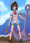  absurdres anchor bare_legs black_hair brown_footwear crazy_eyes crazy_smile evil_grin evil_smile green_eyes grin hat highres hishaku ladle midriff murasa_minamitsu neophyte sailor_hat shoes short_shorts shorts smile touhou waves 