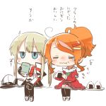  2girls ahoge aquila_(kantai_collection) black_gloves black_legwear black_skirt blonde_hair blue_eyes blush capelet closed_eyes cup drinking_glass eating food food_on_face gloves graf_zeppelin_(kantai_collection) hair_between_eyes hair_ornament hairclip hat hat_removed headwear_removed high_ponytail holding holding_cup holding_food jacket juliet_sleeves kantai_collection long_hair long_sleeves lowres military military_uniform multiple_girls onigiri orange_hair pantyhose peaked_cap pleated_skirt puffy_sleeves rebecca_(keinelove) red_jacket short_hair sidelocks simple_background sitting skirt thigh-highs translated twintails uniform white_background 