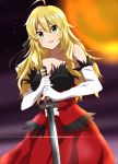  1girl ahoge blonde_hair blurry blurry_background breasts cleavage collarbone cosplay dress elbow_gloves gloves green_eyes hair_between_eyes holding holding_sword holding_weapon hoshii_miki idolmaster idolmaster_(classic) katana kiss-shot_acerola-orion_heart-under-blade kiss-shot_acerola-orion_heart-under-blade_(cosplay) large_breasts lieass long_hair looking_at_viewer moon night outdoors parted_lips shiny shiny_hair smile solo strapless strapless_dress sword weapon white_gloves 