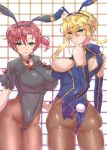 2girls animal_ears artoria_pendragon_(all) artoria_pendragon_(lancer) ass back_cutout bangs bare_shoulders blonde_hair blue_leotard boudica_(fate/grand_order) braid breasts brown_legwear bunny_girl bunny_hair_ornament bunny_tail cleavage cleavage_cutout closed_mouth collarbone commentary_request covered_navel covered_nipples crown eyebrows_visible_through_hair fate/grand_order fate_(series) flower_knot french_braid from_behind gold_trim green_eyes grey_leotard hair_between_eyes hair_ornament highleg highleg_leotard highres huge_breasts leotard long_hair looking_at_viewer looking_back multiple_girls open_mouth pantyhose rabbit_ears redhead sideboob sidelocks tail tassel wakura_(gcdan) 