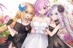 .com_(cu_105) 3girls :d arm_hug bangs bare_shoulders black_bow black_dress black_gloves black_ribbon blonde_hair blue_eyes blue_flower blush bow braid breasts cleavage closed_mouth commentary_request dress eyebrows_visible_through_hair fate/grand_order fate_(series) flower girl_sandwich gloves grey_hair hair_between_eyes hair_flower hair_ornament hair_over_one_eye hair_ribbon hand_up interlocked_fingers jeanne_d&#039;arc_(fate) jeanne_d&#039;arc_(fate)_(all) jewelry long_hair looking_at_viewer marie_antoinette_(fate/grand_order) mash_kyrielight medium_breasts multiple_girls open_mouth parted_lips pendant pink_flower purple_hair red_flower ribbon sandwiched see-through short_hair silver_hair single_braid sleeveless sleeveless_dress smile strapless strapless_dress twintails very_long_hair violet_eyes white_dress white_flower white_gloves yellow_flower 
