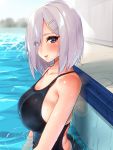  1girl absurdres back blue_eyes blush breasts collarbone competition_swimsuit from_side hair_ornament hairclip hamakaze_(kantai_collection) highres kantai_collection large_breasts lens_flare looking_at_viewer one-piece_swimsuit parted_lips partially_submerged pool sarfata short_hair sideboob silver_hair sitting smile solo sparkle swimsuit upper_body wet 