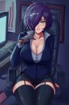  1girl breasts cyborg formal garter_straps green_eyes highres long_hair looking_at_viewer mechanical_arm mole mole_on_breast office_lady original pencil_skirt prosthesis scar shirt skirt solo standby suit 
