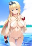  1girl alternate_costume bare_shoulders beach bikini blonde_hair blue_eyes blurry blurry_background blush bottle braid breasts cleavage collarbone cowboy_shot crown day eyebrows_visible_through_hair french_braid groin hair_between_eyes holding holding_bottle kantai_collection long_hair looking_at_viewer meth_(emethmeth) mini_crown navel o-ring o-ring_top open_mouth outdoors scrunchie side-tie_bikini signature stomach swimsuit thighs warspite_(kantai_collection) wet white_bikini wrist_scrunchie 