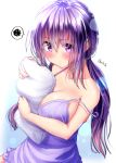  1girl bangs bare_arms bare_shoulders blush breasts cleavage collarbone embarrassed eyebrows_visible_through_hair eyes_visible_through_hair hair_tie large_breasts looking_at_viewer low_twintails mokufuu nail_polish nightgown no_bra original pillow pillow_hug pink_nails pout purple_hair purple_nightgown shiny shiny_skin sideboob sidelocks solo spoken_squiggle squiggle strap_slip twintails twitter_username violet_eyes 
