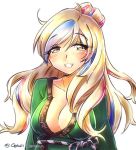  1girl alternate_costume alternate_hairstyle bangs blonde_hair blue_eyes blue_hair blush breasts cleavage commandant_teste_(kantai_collection) eyebrows_visible_through_hair hair_up half-closed_eyes japanese_clothes kantai_collection kimono large_breasts long_hair looking_at_viewer multicolored_hair no_bra oekaki_lemon parted_lips redhead sash sidelocks simple_background smile solo streaked_hair twitter_username white_background white_hair yukata 