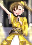  1girl ;d arm_up brown_eyes brown_hair eyebrows_visible_through_hair floating_hair futami_mami hair_between_eyes hair_ornament hair_scrunchie holding holding_microphone idol idolmaster idolmaster_(classic) japanese_clothes kimono lieass long_hair microphone obi one_eye_closed open_mouth sash scrunchie side_ponytail skirt smile solo stage standing white_skirt yellow_kimono yellow_scrunchie 