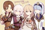  2boys 2girls blonde_hair blue_hair bow braid brown_eyes brown_gloves brown_hair cape closed_eyes closed_mouth dress effie_(fire_emblem) fingerless_gloves fire_emblem fire_emblem_echoes:_mou_hitori_no_eiyuuou gloves highres kliff_(fire_emblem) long_hair long_sleeves multiple_boys multiple_girls open_mouth parted_lips pink_eyes robin_(fire_emblem_gaiden) short_hair short_sleeves silk_(fire_emblem) simple_background smile thumbs_up twin_braids veil white_hair yamame_0807 