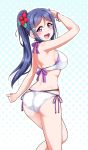  1girl :d arm_up ass bikini blue_hair blush clenched_hand commentary_request eyebrows_visible_through_hair flower hair_flower hair_ornament halftone halftone_background halterneck looking_at_viewer looking_back love_live! love_live!_sunshine!! matsuura_kanan multiple_straps open_mouth outline ponytail red_flower round_teeth side-tie_bikini sidelocks smile solo star star_hair_ornament swimsuit teeth upper_teeth violet_eyes white_bikini white_outline yopparai_oni 