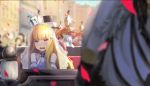  1girl azur_lane bare_shoulders bird blonde_hair blurry blush building carriage chick commentary_request crown day depth_of_field detached_sleeves fang hat helmet horse long_hair mini_crown mosso1120 open_mouth outdoors petals queen_elizabeth_(azur_lane) sitting solo_focus top_hat uniform v-shaped_eyebrows veil violet_eyes 