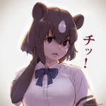  1girl animal_ears bear_ears bow bowtie brown_bear_(kemono_friends) brown_eyes brown_hair collared_shirt commentary_request elbow_gloves eyebrows_visible_through_hair gloves hand_in_hair kemono_friends shirt short_hair short_sleeves solo t-shirt takami_masahiro translated upper_body white_hair 