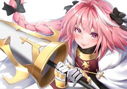  1boy :p astolfo_(fate) bangs black_bow black_gloves black_ribbon black_shirt blurry blush bow braid commentary_request cross depth_of_field eyebrows_visible_through_hair fang fang_out fate/apocrypha fate_(series) floating_hair fur-trimmed_cloak gauntlets glint gloves hair_between_eyes hair_bow hair_intakes hair_ribbon highres holding holding_lance holding_weapon lance long_hair looking_at_viewer male_focus multicolored_hair pink_hair polearm ribbon shiny shiny_hair shirt sidelocks simple_background single_braid smile solo streaked_hair takatun223 tongue tongue_out trap turtleneck upper_body violet_eyes weapon white_background white_cloak white_hair 