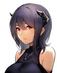  1girl bare_shoulders black_hair breasts eyebrows_visible_through_hair hair_between_eyes hayabusa horns jewelry large_breasts looking_at_viewer necklace open_mouth original red_eyes simple_background solo white_background 