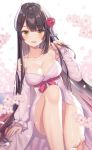 1girl alternate_costume arm_support azur_lane bangs bare_shoulders barefoot black_hair blush breasts cleavage collarbone eyebrows_visible_through_hair flower hair_flower hair_ornament hiei_(azur_lane) highres holding holding_hair horns izumo_neru knee_up large_breasts long_hair long_sleeves looking_at_viewer off_shoulder open_mouth sitting sleepwear smile solo thighs yellow_eyes 