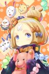  1girl abigail_williams_(fate/grand_order) awa_(rosemarygarden) bangs black_bow black_jacket blonde_hair blue_eyes blush bow candy_wrapper closed_mouth commentary_request crossed_bandaids fate/grand_order fate_(series) fou_(fate/grand_order) hair_bow hair_bun head_tilt heroic_spirit_traveling_outfit highres holding holding_stuffed_animal jacket long_hair long_sleeves looking_at_viewer medjed orange_bow parted_bangs polka_dot polka_dot_bow sleeves_past_fingers sleeves_past_wrists solo stuffed_animal stuffed_toy teddy_bear 