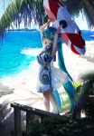  1girl anchor_symbol aqua_eyes aqua_hair armpits arms_up bangs beach blue_sky blush clouds day dress dust_particles eyebrows_visible_through_hair hair_between_eyes hair_ornament hair_ribbon hat hatsune_miku holding holding_innertube honnou_(kjs9504) innertube long_hair looking_at_viewer ocean open_mouth outdoors palm_tree ribbon sand scrunchie shoes sidelocks sky sleeveless sleeveless_dress solo sparkle stairs starfish tree twintails upper_teeth very_long_hair vocaloid white_dress wind wind_lift wrist_scrunchie 