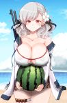  10eki_(tenchou) 1girl absurdres bangs bare_shoulders beach bikini blue_sky blush breasts center_opening cleavage cleavage_cutout clouds cloudy_sky collarbone commentary_request cowboy_shot day eyebrows_visible_through_hair food fruit girls_frontline gun hair_ribbon halterneck highres holding holding_food jacket large_breasts light_smile long_hair long_sleeves looking_at_viewer navel ocean outdoors red_eyes ribbon shotgun shotgun_shells side-tie_bikini silver_hair sky smile solo spas-12 spas-12_(girls_frontline) swept_bangs swimsuit thigh_strap thighs twintails watermelon weapon white_bikini white_jacket 