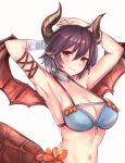  1girl ahoge arms_behind_head ayumira_(axlx3) bandage bandaged_arm bandaged_hand bandages blue_bikini_top blush breasts choker cleavage collarbone commentary_request dragon_girl dragon_horns dragon_tail dragon_wings granblue_fantasy grea_(shingeki_no_bahamut) head_tilt highres horns large_breasts looking_at_viewer navel purple_hair red_eyes short_hair smile solo tail upper_body upper_boy white_background wings 