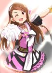  1girl ;d arm_strap brown_eyes brown_hair collarbone cowboy_shot eyebrows_visible_through_hair floating_hair hairband idol idolmaster idolmaster_(classic) jewelry lieass long_hair looking_at_viewer minase_iori miniskirt necklace one_eye_closed open_mouth outstretched_arm pom_poms skirt sleeveless smile solo stage standing 