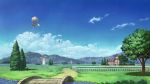 aircraft blue_sky bridge clouds commentary_request dirigible fantasy fence grass highres house mitsu_ura nature original path river road scenery sky tree windmill wooden_fence zeppelin 