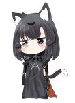  1girl animal_ear_fluff animal_ears bailingxiao_jiu bangs black_hair black_pants brown_eyes cat_ears cat_girl cat_tail character_request chibi closed_mouth eyebrows_visible_through_hair full_body girls_frontline hair_ornament hairclip long_hair pants simple_background solo standing tail white_background 