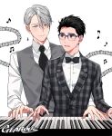  2boys artist_name black_hair blazer blue-framed_eyewear blue_eyes bow bowtie brown_eyes checkered gearous glasses hair_slicked_back instrument jacket jewelry katsuki_yuuri male_focus multiple_boys music musical_note necktie piano playing_instrument ring silver_hair staff_(music) viktor_nikiforov waistcoat yuri!!!_on_ice 