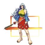  1girl arms_at_sides bare_shoulders barefoot bow collarbone commentary_request detached_sleeves dress eyebrows_visible_through_hair fuchino hatchet head_tilt holding long_hair looking_at_viewer medium_dress multicolored multicolored_clothes multicolored_dress red_eyes sakata_nemuno silver_hair single_strap smile solo toes touhou very_long_hair wavy_hair 