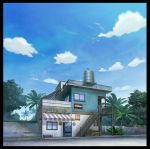  bench black_border blue_sky border clouds convenience_store crate fence mitsu_ura no_humans original outdoors palm_tree scenery shop sky stairs translation_request tree vending_machine water_tank window wooden_fence 