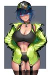  absurdres baseball_cap blue_eyes blue_hair breasts choker cleavage glowing glowing_eyes hands_in_pockets hat highres jacket large_breasts navel_piercing original piercing short_hair sports_bra thigh-highs yin-ting_tian 