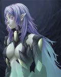  1girl armor breasts elma_(true_form)_(xenoblade_x) elma_(xenoblade_x) long_hair looking_at_viewer navel open_mouth oto_nagi pointy_ears purple_hair red_eyes simple_background solo spoilers violet_eyes white_hair xenoblade xenoblade_(series) xenoblade_chronicles_x 