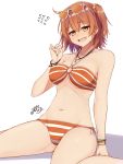  1girl arm_at_side bikini blush bracelet breasts eyebrows_visible_through_hair eyewear_on_head fate/grand_order fate_(series) flying_sweatdrops fujimaru_ritsuka_(female) hair_between_eyes hair_ornament hair_scrunchie hand_up highres horizontal_stripes jewelry looking_at_viewer medium_breasts navel necklace nose_blush o-ring o-ring_top open_mouth orange_bikini orange_hair orange_scrunchie playing_with_own_hair ramchi scrunchie shadow short_hair side_ponytail signature sitting solo striped striped_bikini sunglasses swimsuit wariza watch watch white_background yellow_eyes 