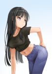  1girl bangs black_hair blue_background breasts casual contemporary denim eyebrows_visible_through_hair gradient gradient_background hair_between_eyes hand_on_hip head_tilt highres jeans leaning_forward long_hair looking_away looking_back medium_breasts murata_taichi navel original outstretched_arm pants parted_lips shirt short_sleeves simple_background solo standing straight_hair t-shirt violet_eyes 