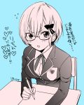  1girl blush bokutachi_wa_benkyou_ga_dekinai breasts commentary_request desk glasses heart looking_at_viewer medium_breasts ogata_rizu paper pencil ribbon school_uniform shirt short_hair simple_background translation_request ueharayoyogi 