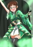  1girl ;d akizuki_ritsuko antenna_hair arm_up asymmetrical_sleeves black_legwear brown_eyes brown_hair floral_print glasses green_kimono grey-framed_eyewear holding holding_microphone idolmaster idolmaster_(classic) japanese_clothes kimono lieass looking_at_viewer microphone miniskirt one_eye_closed open_mouth print_kimono sidelocks skirt smile solo standing thigh-highs tied_hair white_skirt zettai_ryouiki 