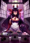  1girl animal_ears artist_logo artist_name bangs black_gloves black_hair black_legwear blush breasts cherry_blossoms cleavage commentary commission dango dumpling eating english_commentary eyebrows food fox_ears fox_tail frills full_moon gainoob gloves hair_ornament holding holding_food japanese_clothes kimono kitsune large_breasts long_hair looking_at_viewer maid_headdress mochi moon mouth_hold multicolored multicolored_clothes multicolored_kimono night onigiri original petals purple_sky red_eyes sitting skewer sliding_doors solo tagme tail temple temple_gate thigh-highs tree very_long_hair wagashi wooden_floor 