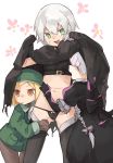  3girls :/ :d ass_visible_through_thighs bangs belt black_bow black_cape black_dress black_gloves black_legwear black_panties blonde_hair bow brown_legwear cape closed_eyes commentary_request dress elbow_gloves fate/grand_order fate_(series) gloves green_eyes green_hat green_jacket hands_up hat highres hug jack_the_ripper_(fate/apocrypha) jacket long_sleeves muchi_maro multiple_girls navel nursery_rhyme_(fate/extra) open_mouth orange_eyes panties pantyhose parted_bangs paul_bunyan_(fate/grand_order) puffy_short_sleeves puffy_sleeves short_hair short_sleeves smile standing thigh-highs thigh_gap underwear white_background white_hair 