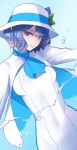  1girl ban blue_background blue_eyes blue_hair border capelet covered_navel dutch_angle hat looking_at_viewer original parted_lips smile solo water white_border 