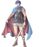  1boy alba armor blue_hair cape fire_emblem fire_emblem:_ankoku_ryuu_to_hikari_no_tsurugi fire_emblem:_mystery_of_the_emblem green_eyes highres holding holding_sword holding_weapon marth sandals simple_background solo sword weapon white_background 