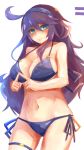  1girl ahoge akahuzi bare_shoulders blue_eyes breasts cleavage creatures_(company) game_freak hairband hex_maniac_(pokemon) highres large_breasts long_hair looking_at_viewer navel nintendo pokemon purple_hair solo standing 