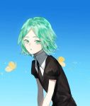  1other androgynous blue_sky bug butterfly colored_eyelashes gem_uniform_(houseki_no_kuni) green_eyes green_hair highres houseki_no_kuni insect looking_at_viewer necktie phosphophyllite short_hair sky solo upper_body 