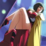 1girl bob_cut boots breasts cape cleavage gelos_(precure) green_hair haruyama_kazunori hugtto!_precure large_breasts legs legs_crossed lips looking_to_the_side multicolored_hair pink_hair precure red_footwear short_hair sitting solo streaked_hair yellow_cape yellow_eyes 