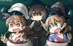  3girls anchor_hair_ornament black_skirt blush breasts brown_hair commentary forest hair_ornament hamu_koutarou hat headgear highres japanese_clothes kantai_collection kimono large_breasts littorio_(kantai_collection) long_hair long_sleeves looking_at_viewer military military_hat military_uniform miniskirt multiple_girls nature open_mouth outdoors peaked_cap ponytail prinz_eugen_(kantai_collection) short_hair_with_long_locks skirt small_breasts taihou_(kantai_collection) tentacle twintails uniform yukata 