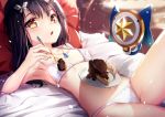  1girl armpits bangs bare_arms bare_shoulders bed black_hair blurry blurry_background blush bra breasts brown_eyes cake chocolate_cake commentary_request depth_of_field eyebrows_visible_through_hair fate/kaleid_liner_prisma_illya fate_(series) food fork hair_between_eyes hair_ornament holding holding_fork holding_plate indoors jewelry kaleidostick long_hair looking_at_viewer lying magical_sapphire miyu_edelfelt on_back on_bed panties parted_lips pendant pillow plate revision small_breasts solo star underwear underwear_only white_bra white_panties yan_(nicknikg) 
