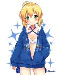  1girl absurdres arm_at_side artoria_pendragon_(all) artoria_pendragon_(swimsuit_archer) bangs bikini bikini_under_clothes blonde_hair blue_eyes blue_jacket blush breasts cleavage closed_mouth clothes_writing collarbone cowboy_shot criss-cross_halter drawstring english eyebrows_visible_through_hair fate/grand_order fate_(series) halterneck hand_in_pocket heart heart-shaped_pupils hey_xander highres hood hood_down hooded_jacket jacket long_sleeves looking_at_viewer medium_breasts navel open_clothes open_jacket partially_unzipped shiny shiny_skin short_hair side-tie_bikini sidelocks sleeves_past_wrists smile solo sparkle_background swimsuit symbol-shaped_pupils thighs twitter_username white_bikini zipper_pull_tab 