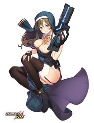  1girl bangs blush bow bowtie breasts brown_hair brown_legwear cleavage cross energy_gun full_body goddess_kiss gun highres holding holding_gun holding_weapon invisible_chair large_breasts laser_rifle legs_together medium_hair milyu nun orange_eyes simple_background sitting solo thigh-highs trigger_discipline weapon white_background 