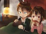  1boy 1girl blush brown_hair cat chomusuke commentary drinking green_eyes highres jacket kono_subarashii_sekai_ni_shukufuku_wo! lamp megumin pajamas petting red_eyes satou_kazuma short_hair track_jacket under_covers yuno_(suke_yuno) 