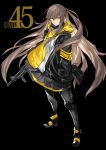  armband black_jacket brown_hair girls_frontline gun highres holding holding_gun holding_weapon hood hood_down hooded_jacket jacket karlwolf long_hair open_clothes open_jacket personification scar ump45_(girls_frontline) weapon yellow_eyes 