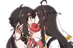  2girls ahoge apple ara_han black_hair blush elsword food fruit hair_ornament hairpin hand_behind_head hua_ge_pi kiss long_hair multiple_girls sakra_devanam_(elsword) yama_raja_(elsword) yellow_eyes yuri 